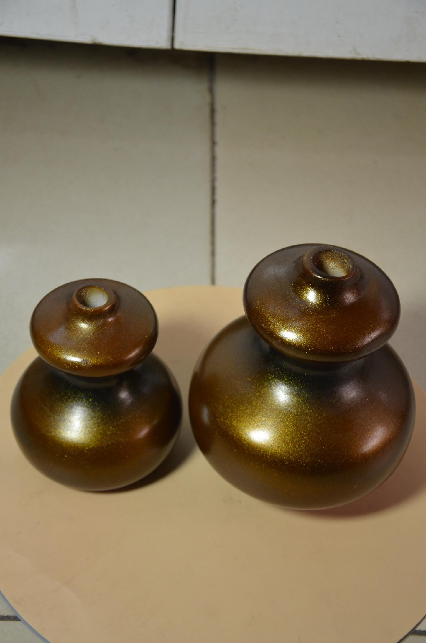 Set of 2 Bronze Wooden Gourd Vases | Metallic Gold Calabash Vessel Duo | Modern Nordic Home Decor Accent | Handcrafted Minimalist Wood Art