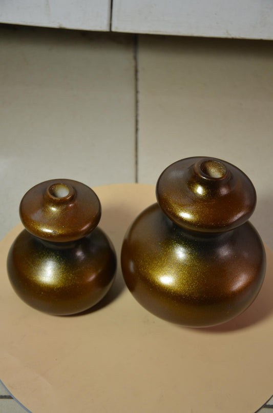 Set of 2 Bronze Wooden Gourd Vases | Metallic Gold Calabash Vessel Duo | Modern Nordic Home Decor Accent | Handcrafted Minimalist Wood Art