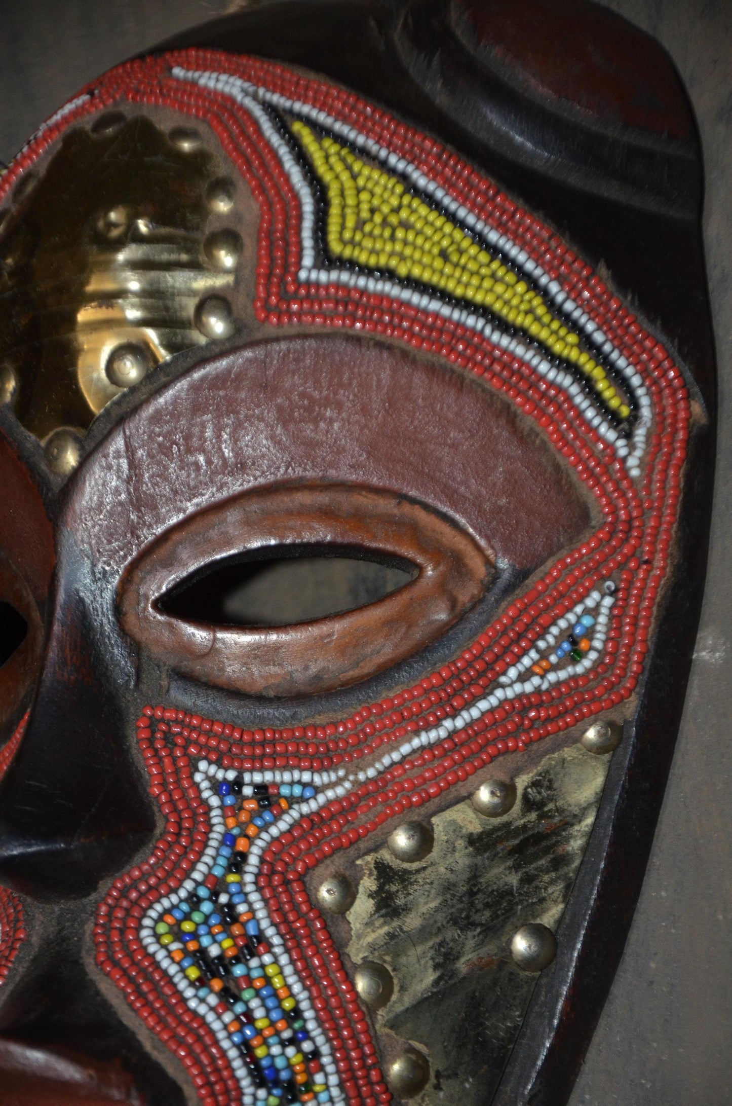 Marka Beaded Mask – 13" Hand-Carved Wood & Brass Mask – Mali Tribal Decor.