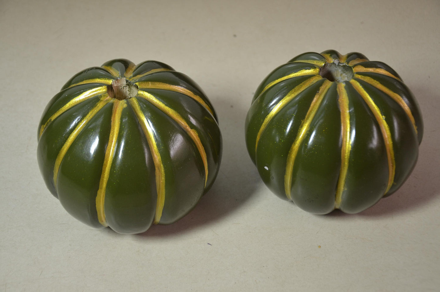 Set of 2 Fluted Green Pumpkin Vases | Metallic Olive Gold Ribbed Vessel Duo | Modern Nordic Home Decor Accent | Handcrafted Wood Art
