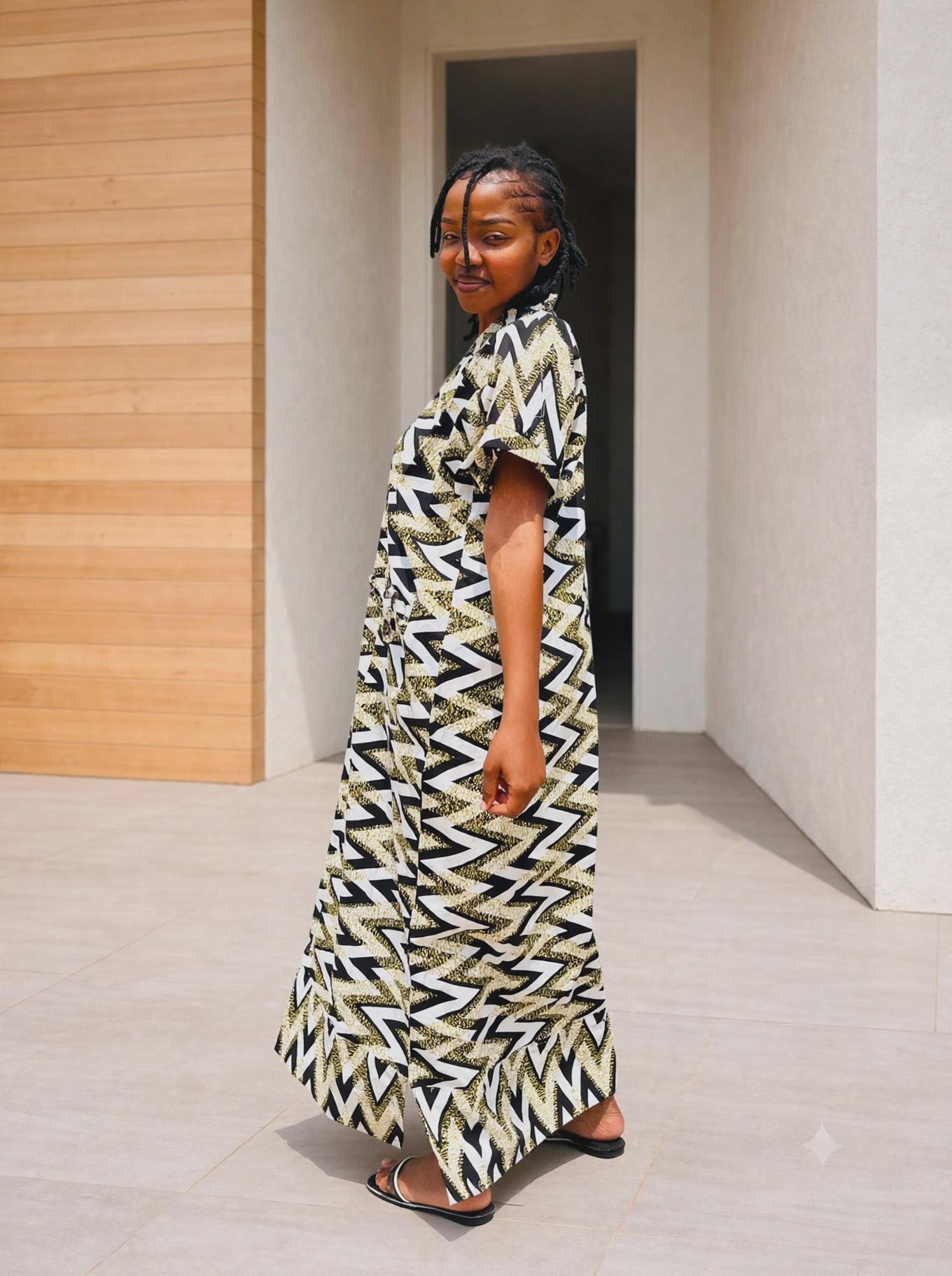 Zigzag Print Boubou Gown | Monochrome Ankara Maxi Dress, One-Size Kaftan