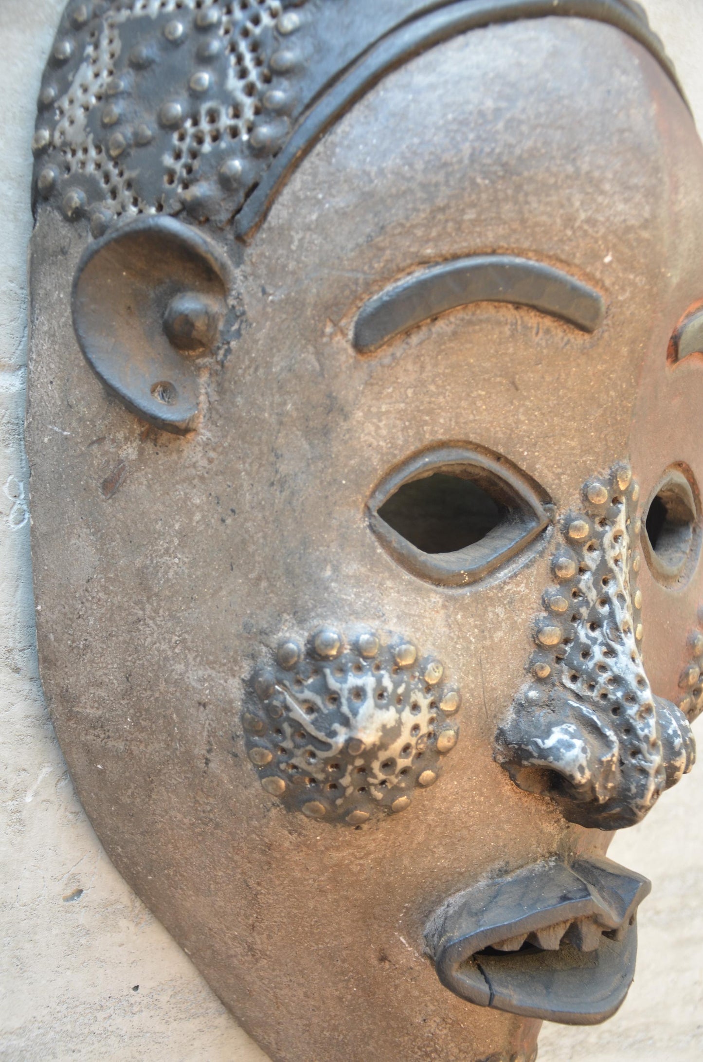 Large Yaure Yaure Mask - 24" Two-Tone African Wood Carving, Metallic Tack Details, Ivory Coast Tribal Wall Sculpture.