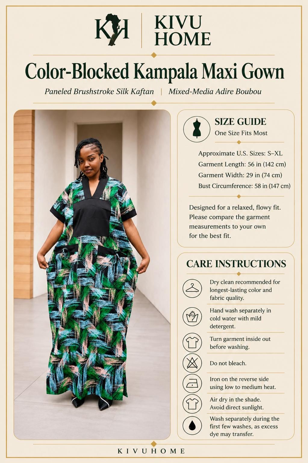 Color-Blocked Kampala Maxi Gown | Paneled Brushstroke Silk Kaftan, Mixed-Media Adire