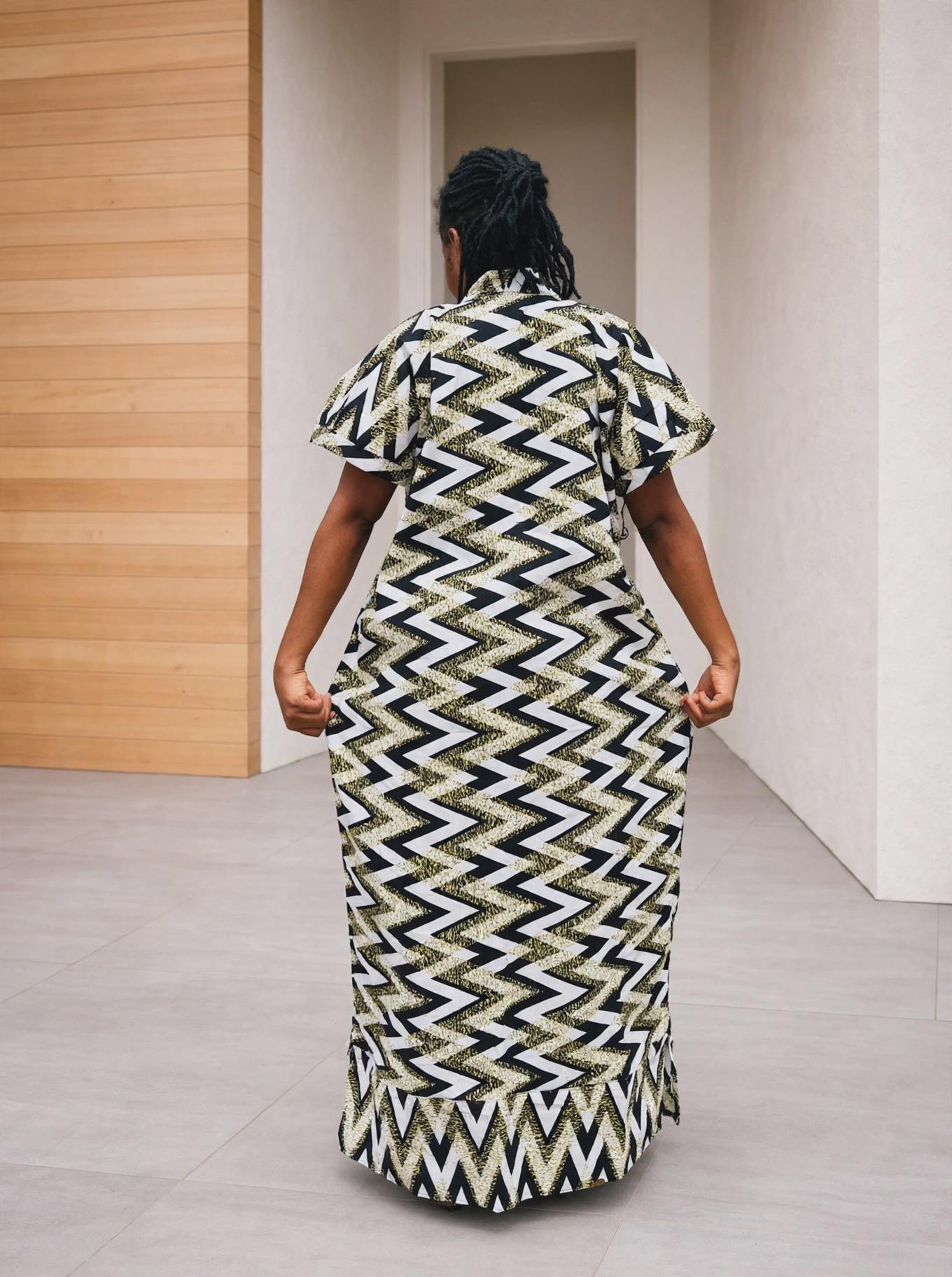 Zigzag Print Boubou Gown | Monochrome Ankara Maxi Dress, One-Size Kaftan