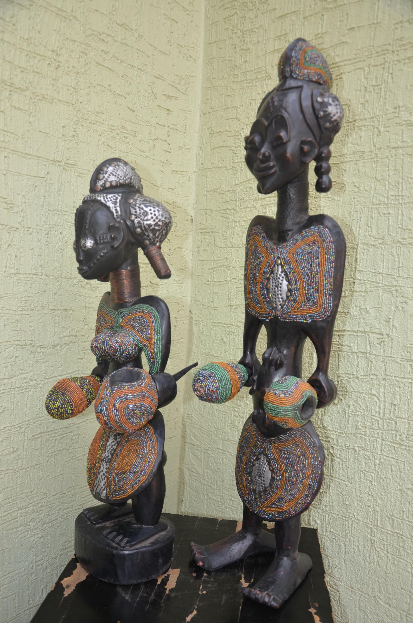 Bamileke Beaded Figures â€“ 35" Hand-Carved Wood Royal Couple â€“ Cameroon Art.
