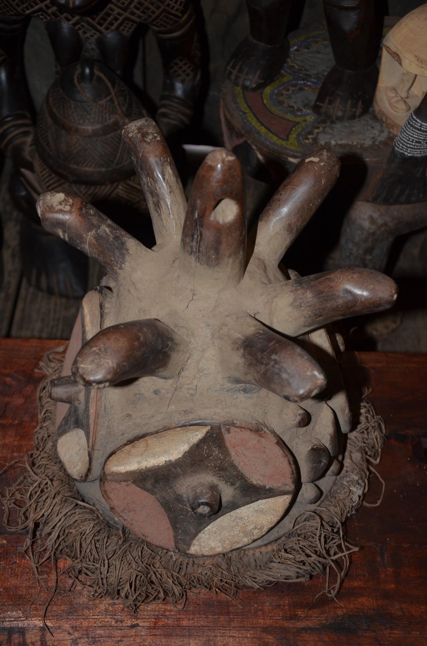 Authentic Luba or Songye Zoomorphic Helmet Mask - 17" Multi-Horned Kifwebe Art, Congo Polychrome Face Mask, High-End Tribal Wall Sculpture.