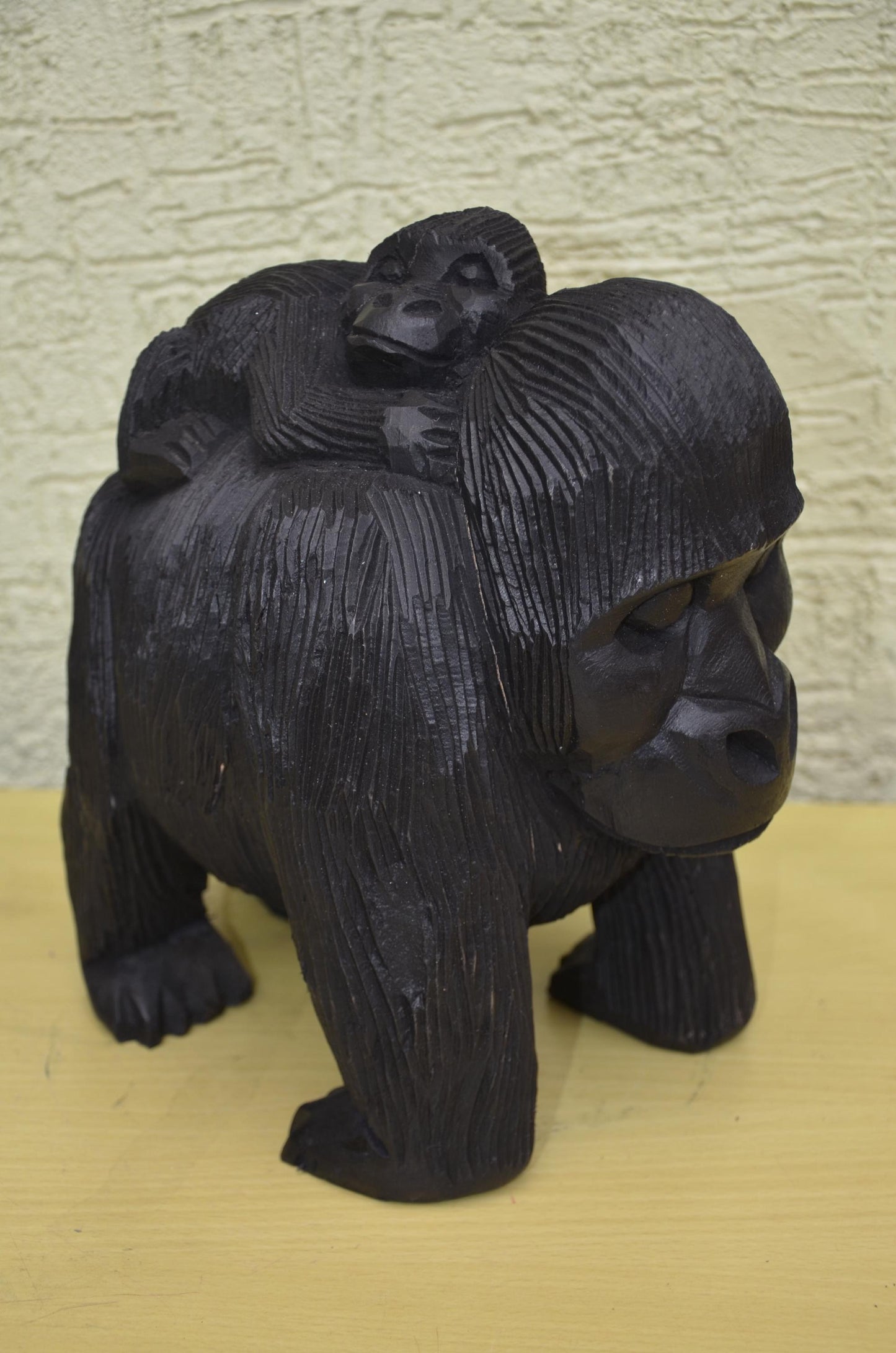 Hand-Carved Wooden Gorilla Maternity Sculpture | Wildlife Family Art Figurine
