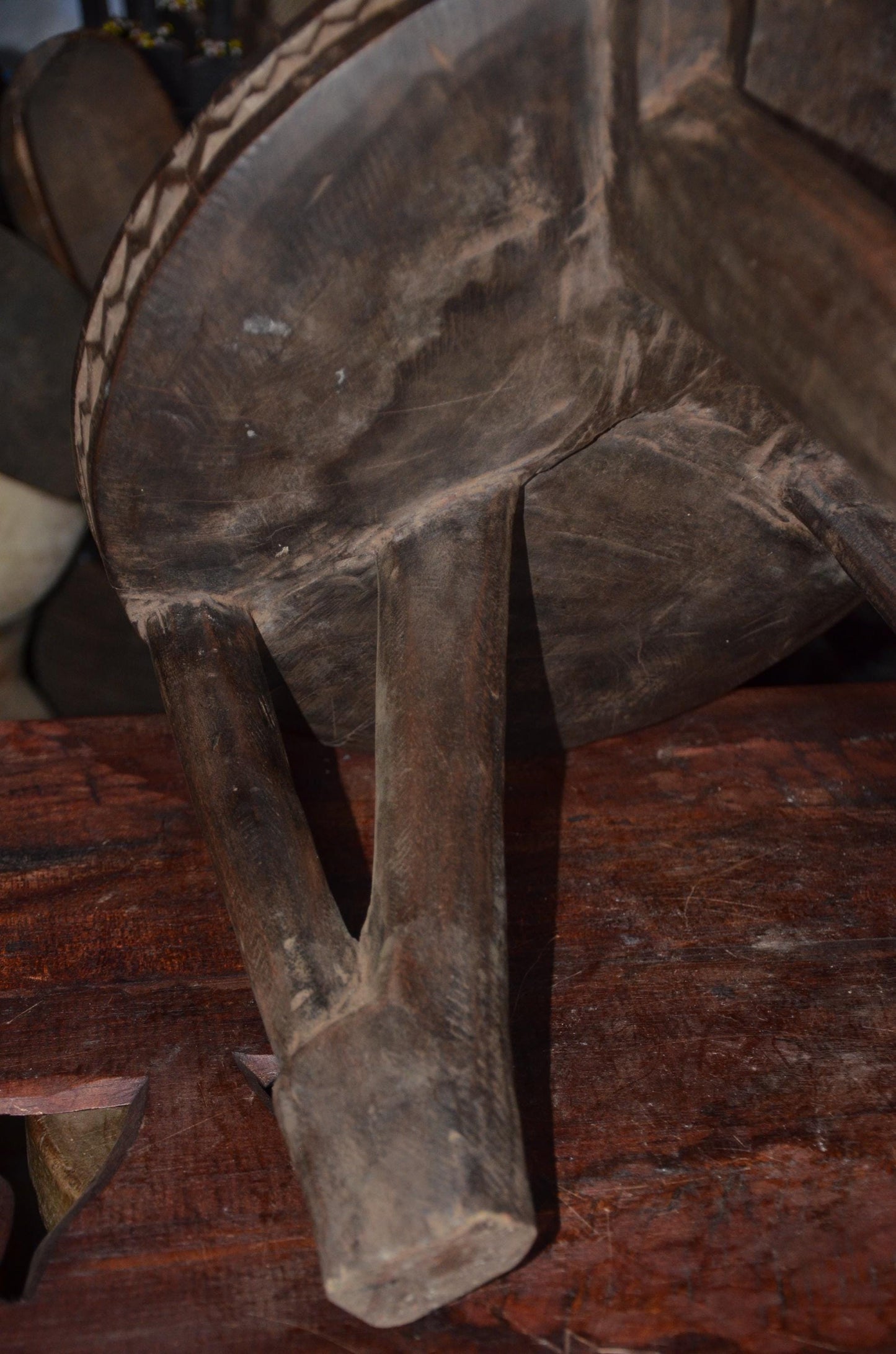 Authentic Kamba / Senufo Three-Legged Stool - 14" Hand-Carved African Wood Prestige Stool, Incised Geometric Rim.