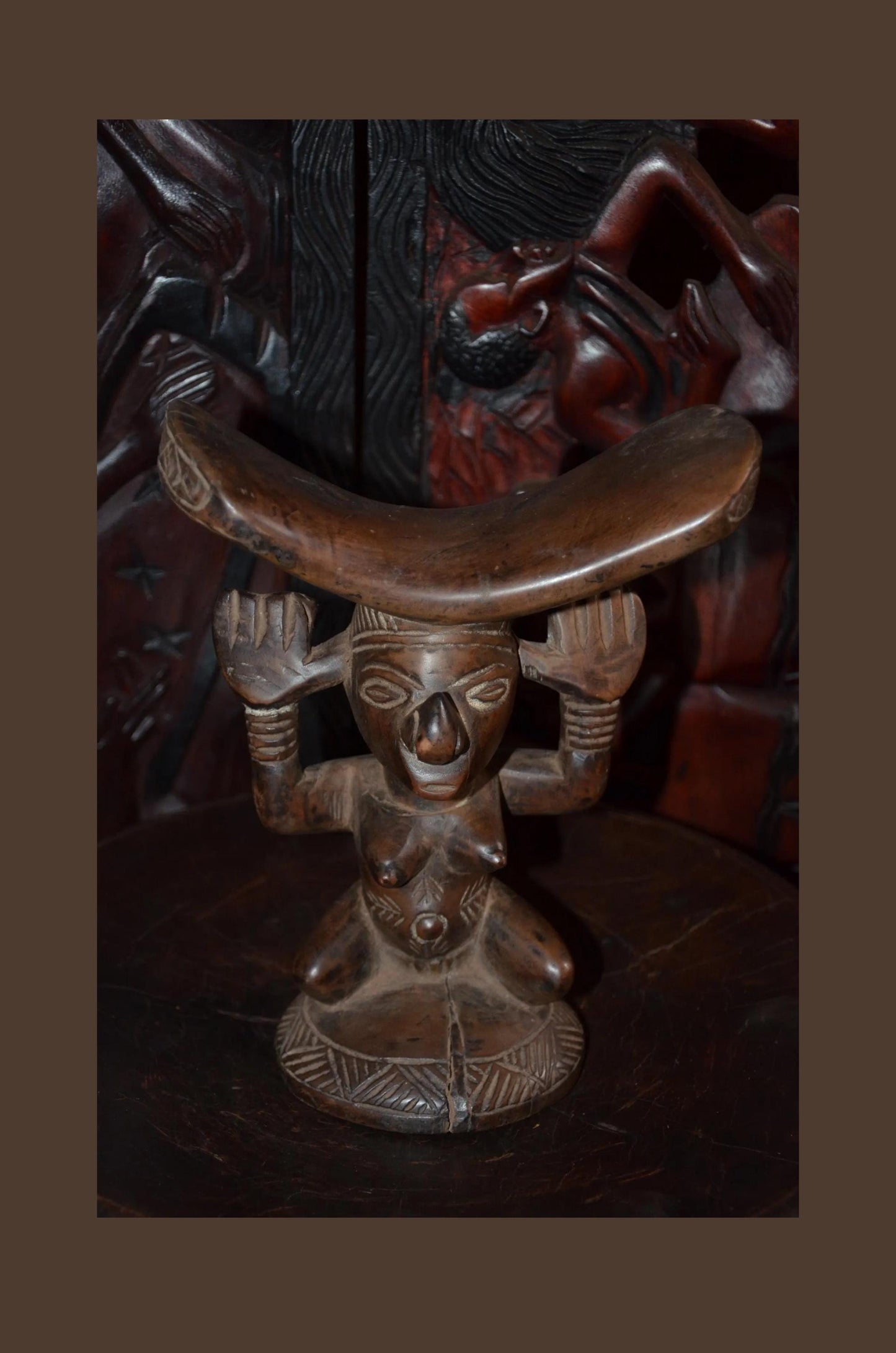 Luba Songye Caryatid Stool – 10" Hand-Carved Wood Headrest – Congo Tribal Art