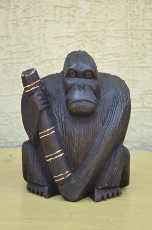 Hand Carved Wooden Gorilla with Bamboo | Wildlife Art