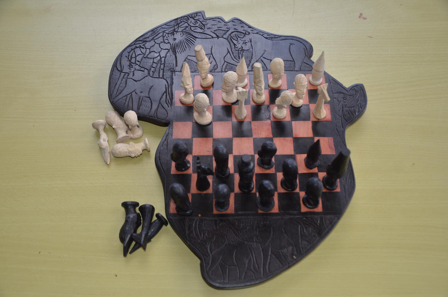 Makonde Animal-Themed Hand-Carved Wooden Chess Set | Tanzanian & Kenyan Artisan Game Board