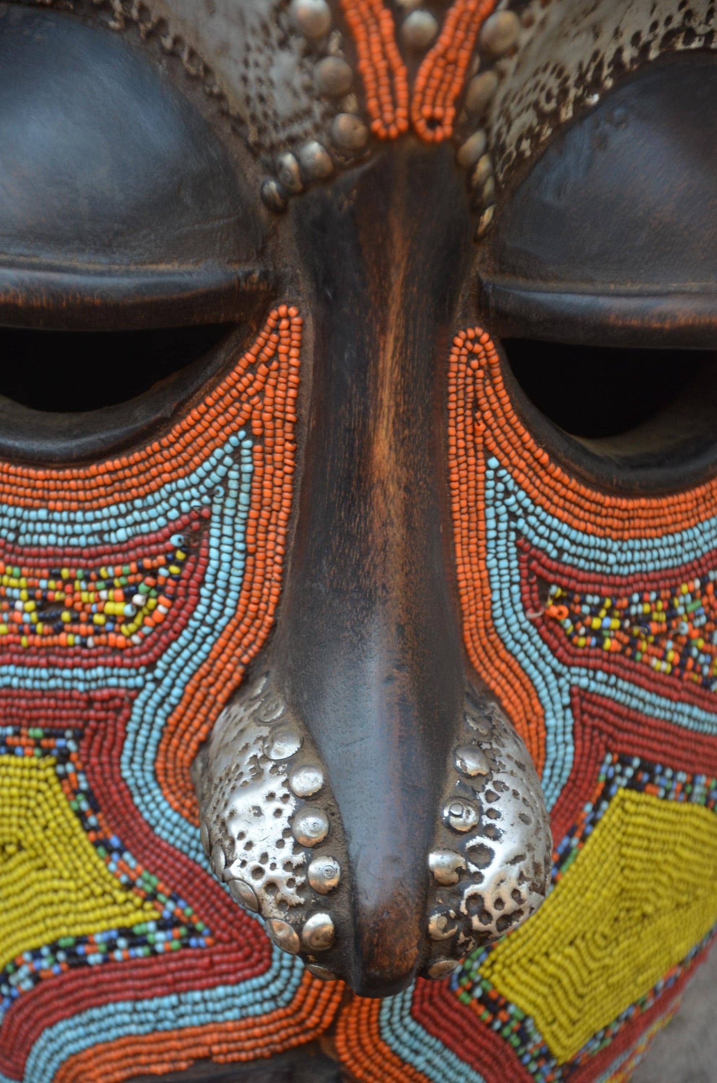 Yoruba Beaded Mask – 38" Large Hand-Carved Wood & Brass Mask – Wall Art