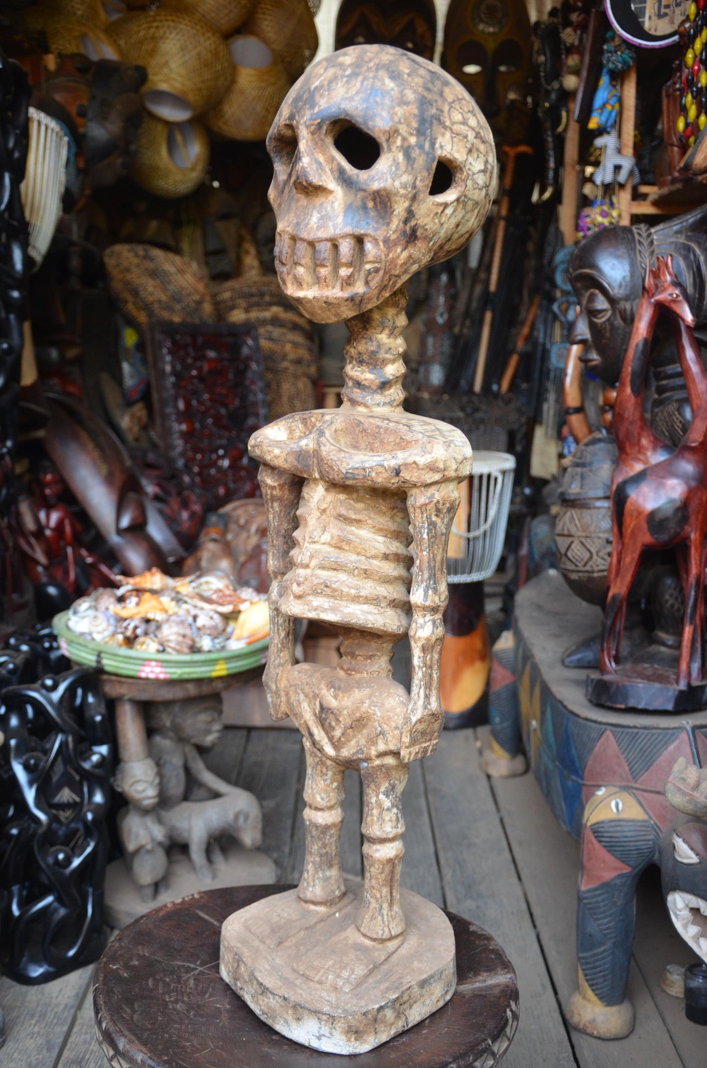 Kuyu or Mumuye Skeleton Figure - 35" Large Authentic Wood Carving, Ancestor Memento Mori Statue, Striking Primitive Art.