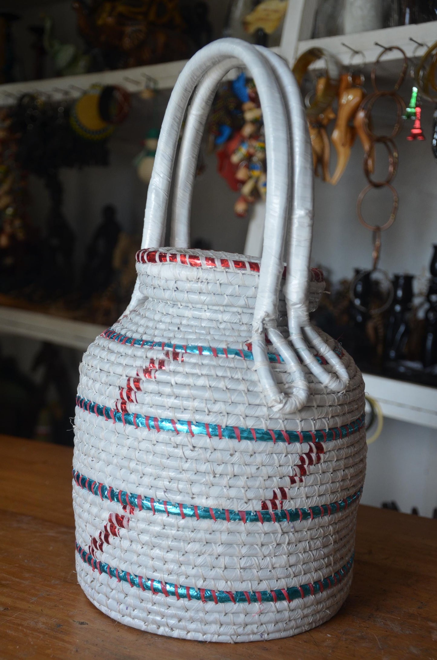 Handwoven Rwandan Agaseke Basket | White Boho Storage Basket with Lid