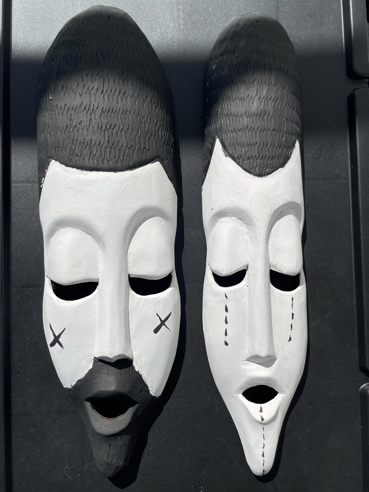 Rwandan Basinga Mask Pair â€“ Hand-Carved King and Queen African Wood Wall Art, Black & White Decor