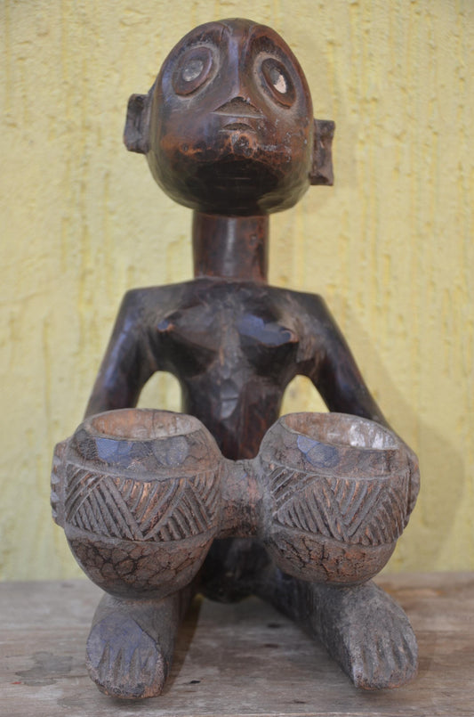 Luba Bowl Bearer Mboko – 14" Congo Hand-Carved Wood Statue – Tribal Decor