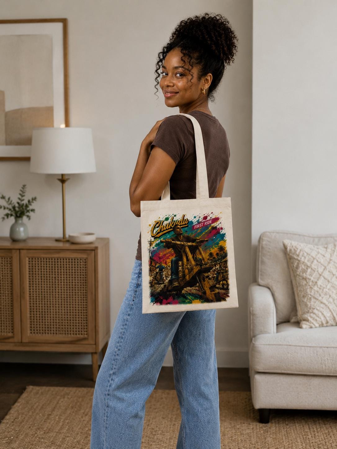 Chukudu First Ride Tote Bag, African Heritage Canvas Bag, Congolese Wooden Scooter Art, Cultural Gift, African Nostalgia Tote