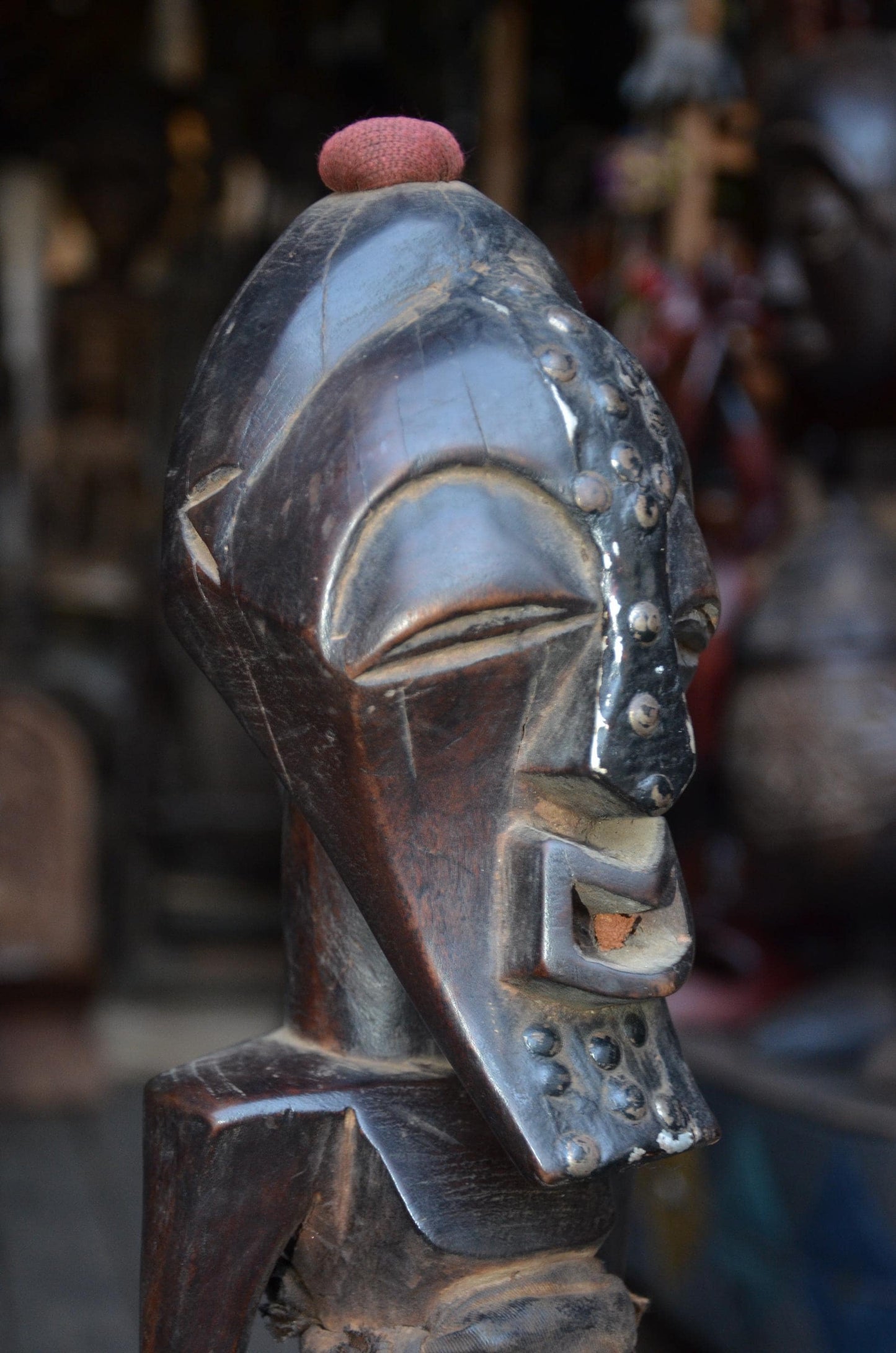 Authentic Songye Power Figure - 21" Hand-Carved Wood Nkishi Statue, Traditional Metal Tacks & Medicine Cavity.