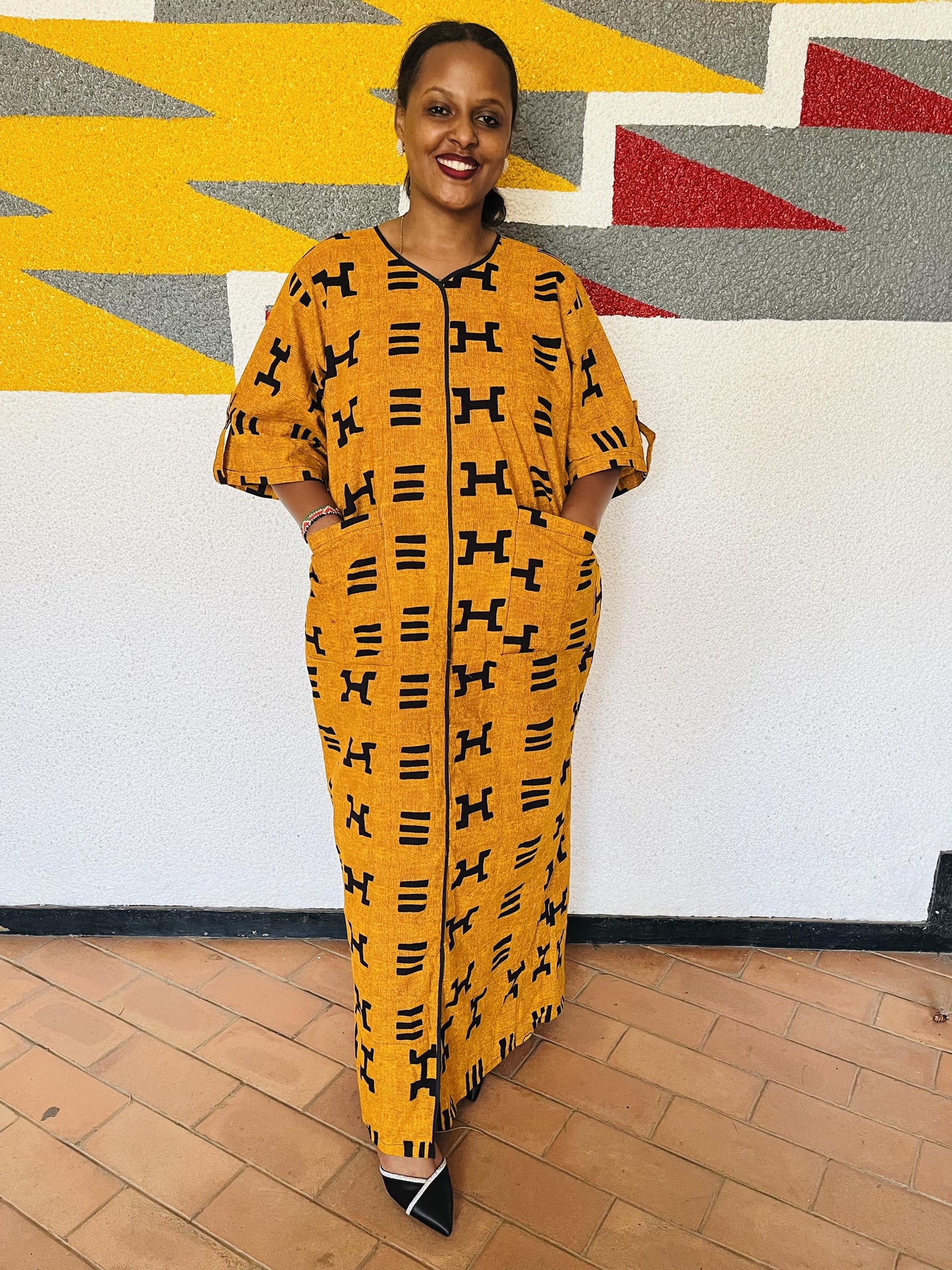 Mustard Yellow Graphic Shirt Kaftan | Buttoned Symbolic Boubou, Ochre Maxi