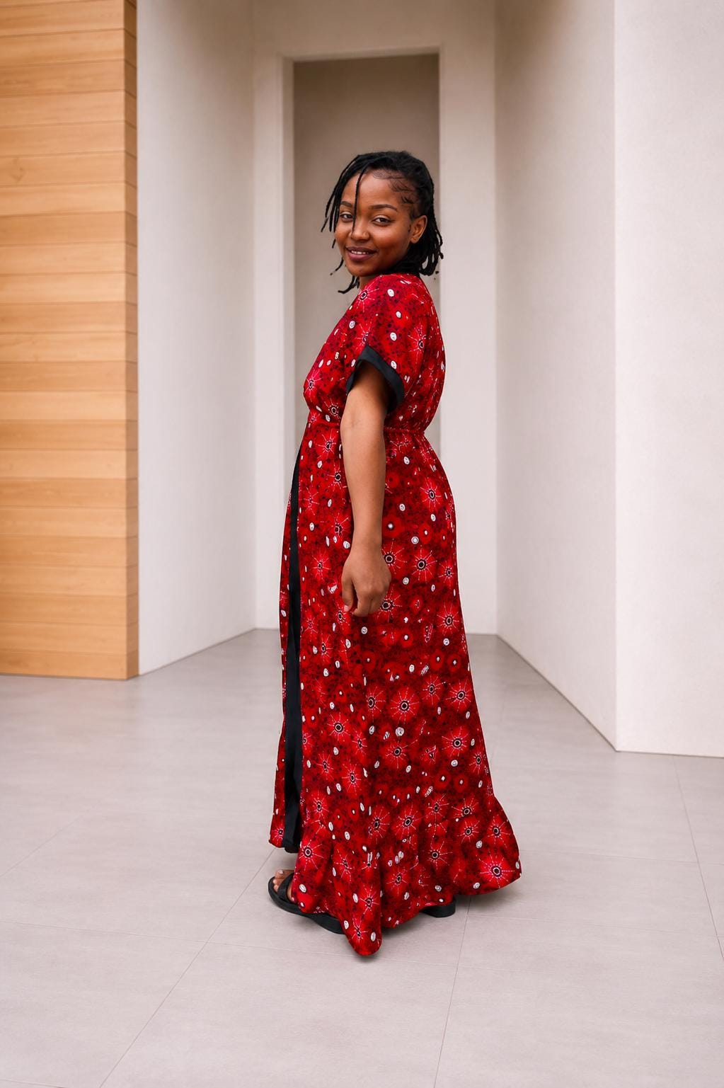 Tie-Front Ankara Kimono Maxi | Cuffed Satin-Trim Boubou, Red Gown