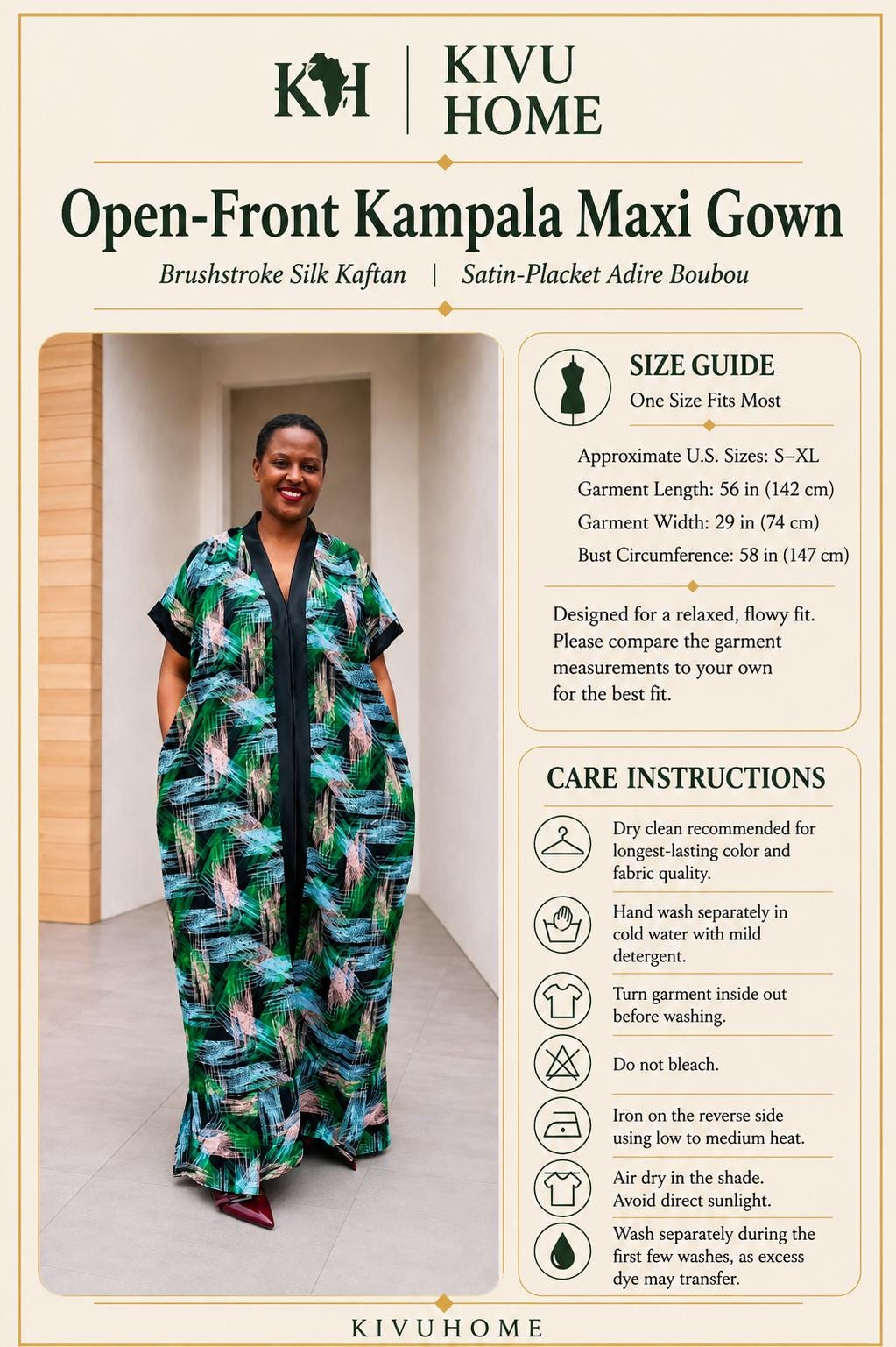 Open-Front Kampala Maxi Gown | Brushstroke Silk Kaftan, Satin-Placket Adire