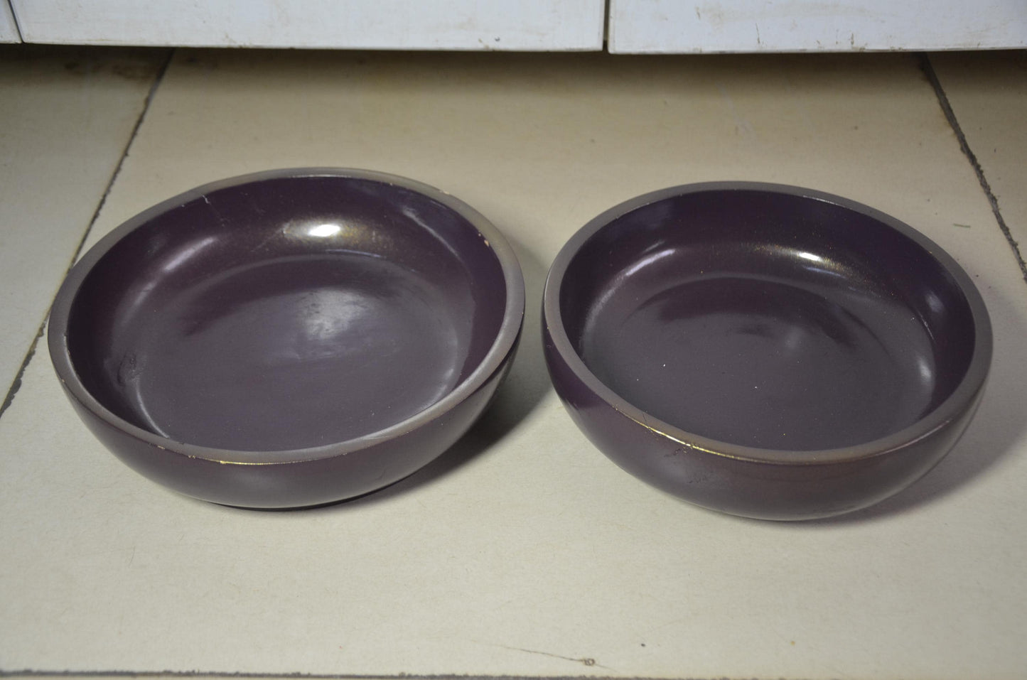 Set of 2 Purple Wooden Shallow Bowls | Plum Decorative Fruit Dish Pair