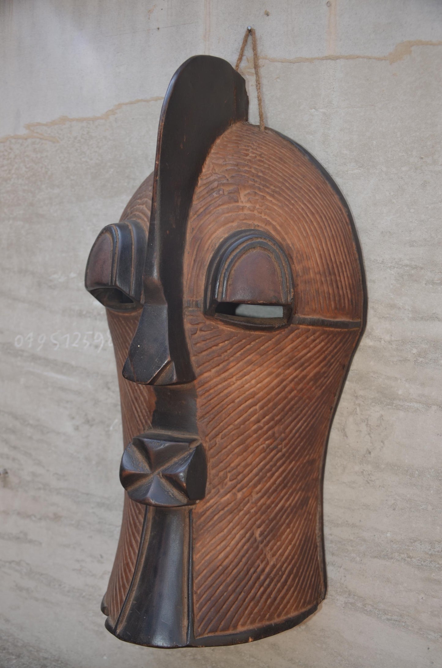 Authentic Songye Kifwebe Mask - 21" Striated Congo Helmet Mask, Striking Raised Sagittal Crest, High-End African Tribal Wall Sculpture.