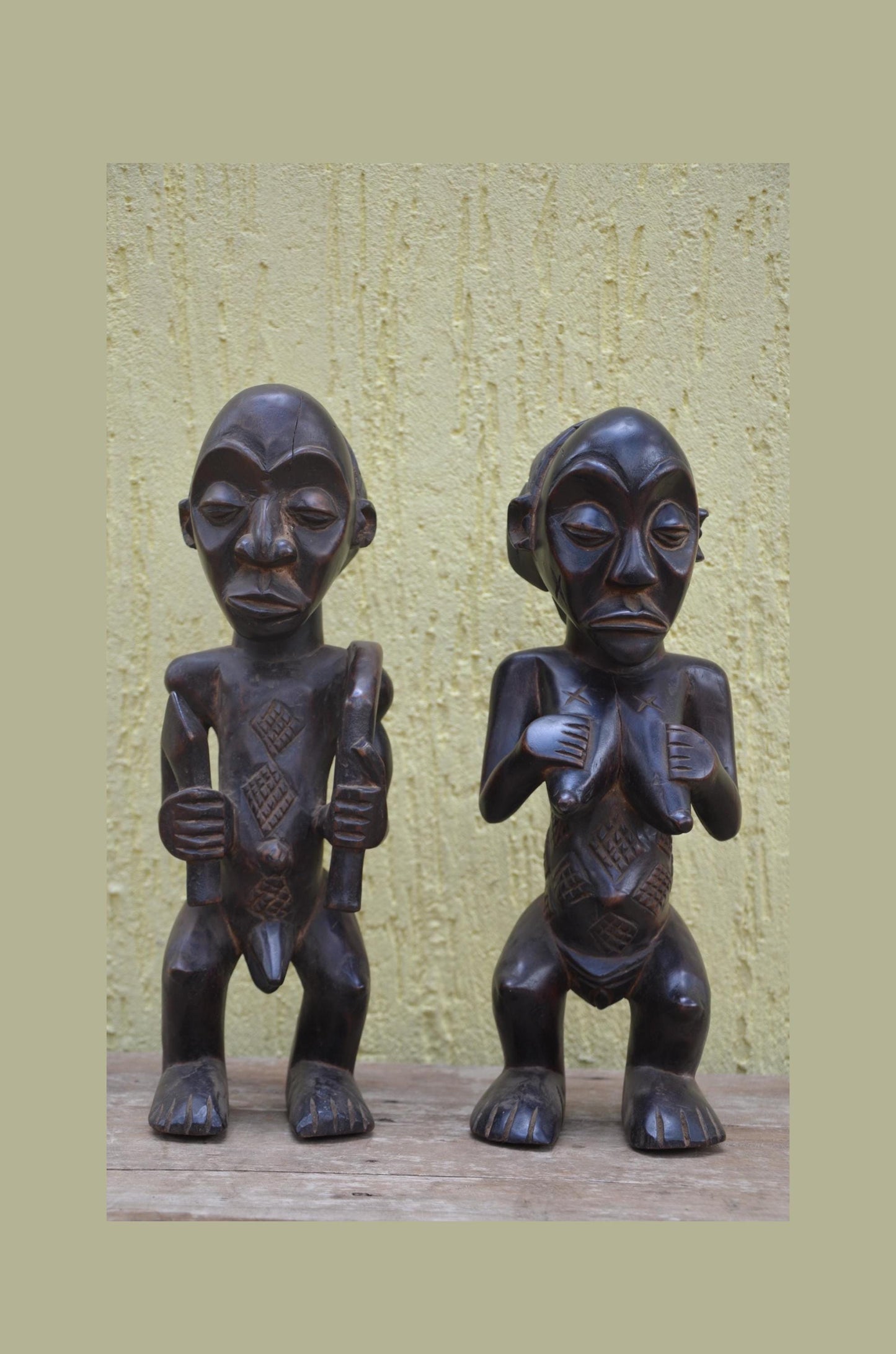 Tabwa Ancestor Figures – 17" Hand-Carved Wood Congo Couple – Tribal Art.