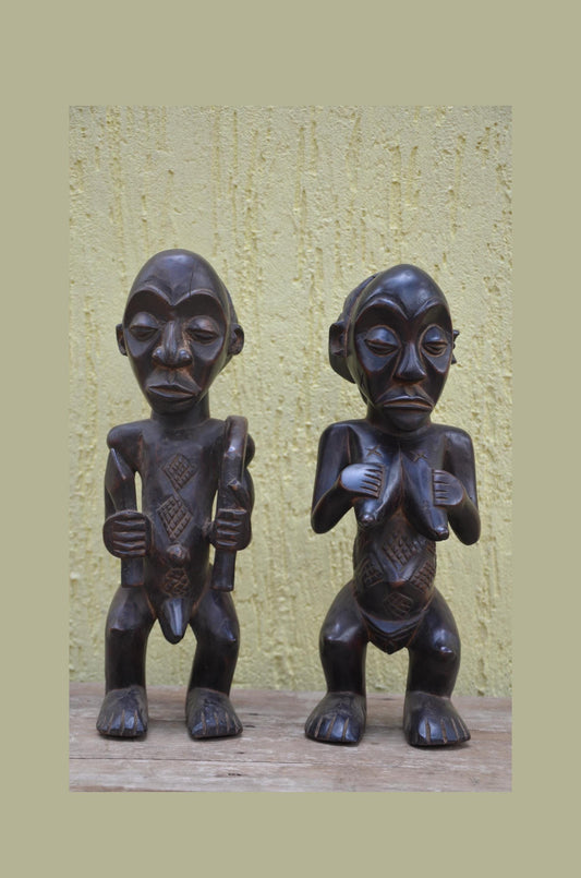 Tabwa Ancestor Figures – 17" Hand-Carved Wood Congo Couple – Tribal Art.
