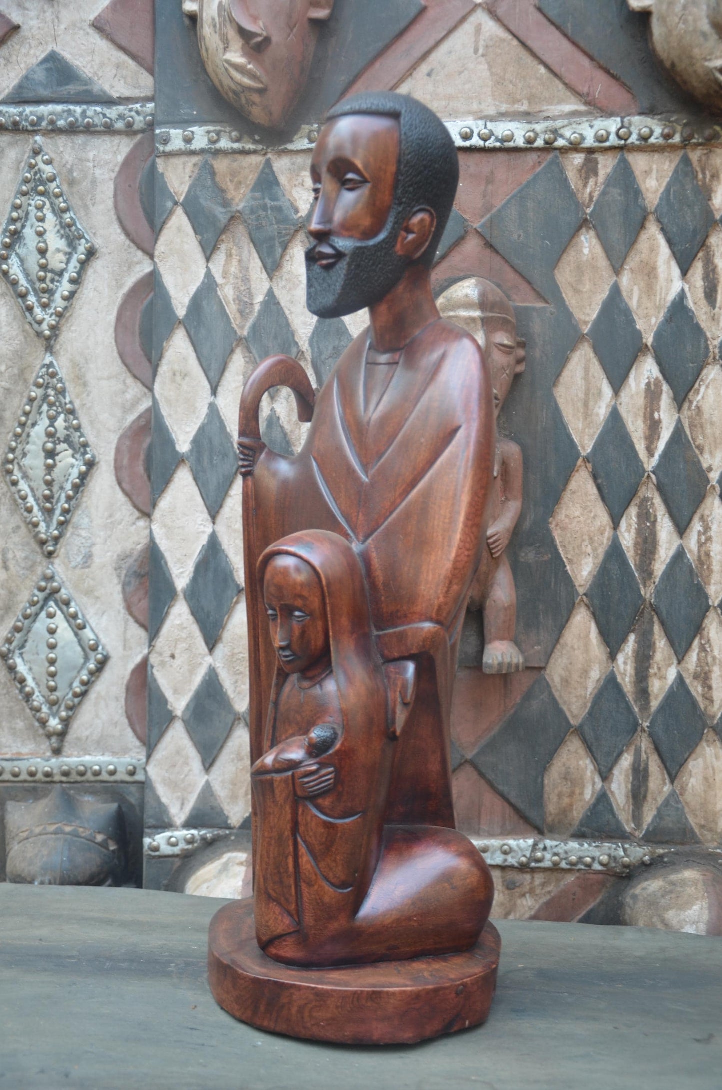 Hand-Carved African Holy Family Sculpture | Wooden Nativity Art