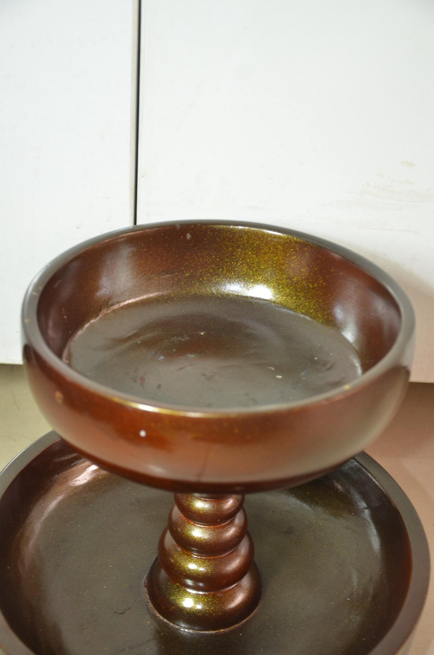 2 Tier Wooden Serving Tray | Metallic Bronze Pedestal Bowl Stand