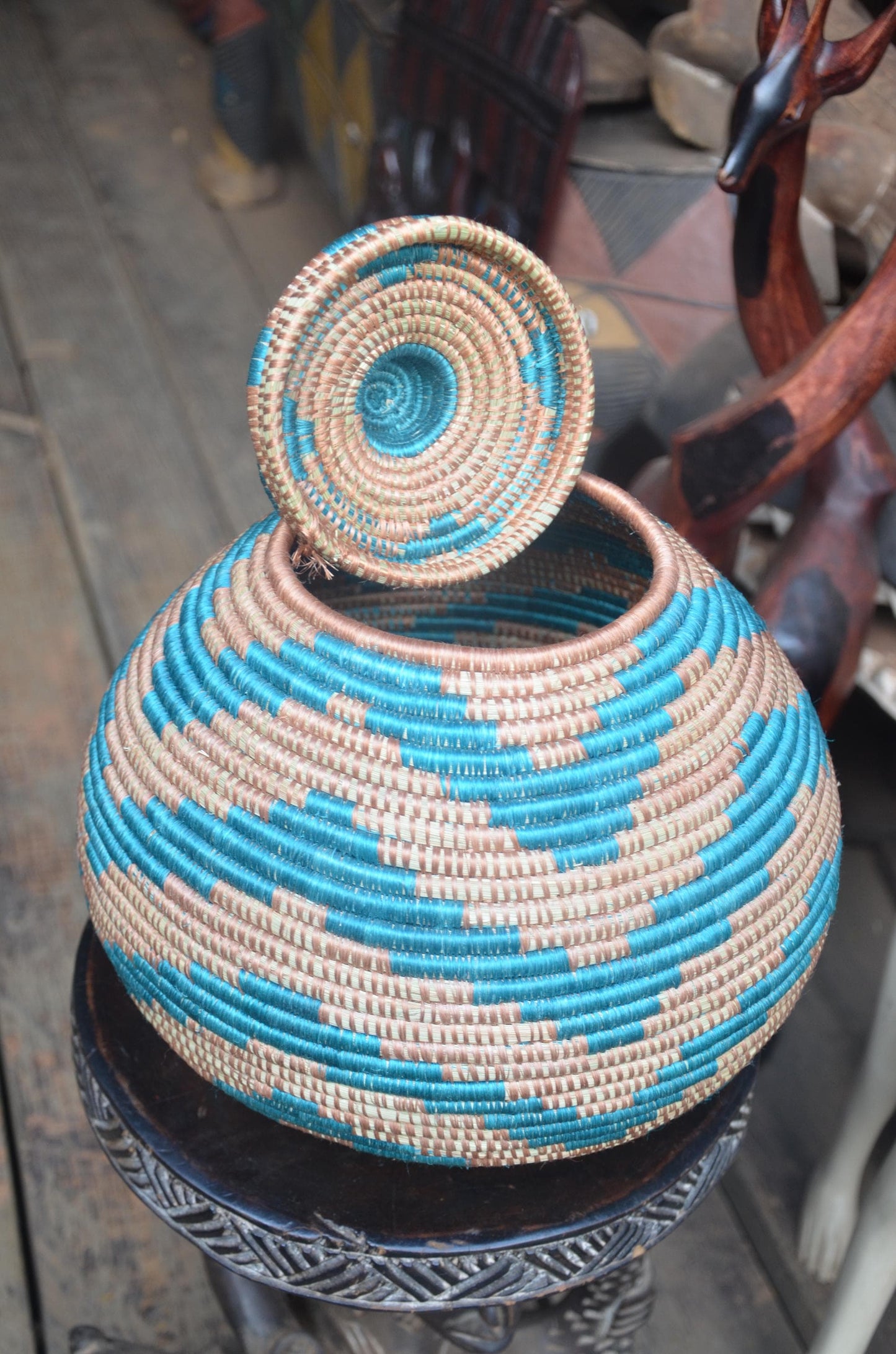 Authentic Rwandan Lidded Basket | Hand-Woven Storage | Global Artisan Decor