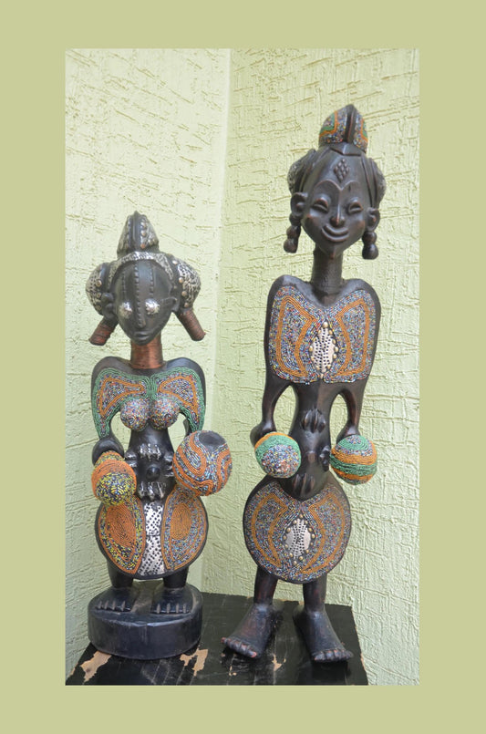 Bamileke Beaded Figures â€“ 35" Hand-Carved Wood Royal Couple â€“ Cameroon Art.