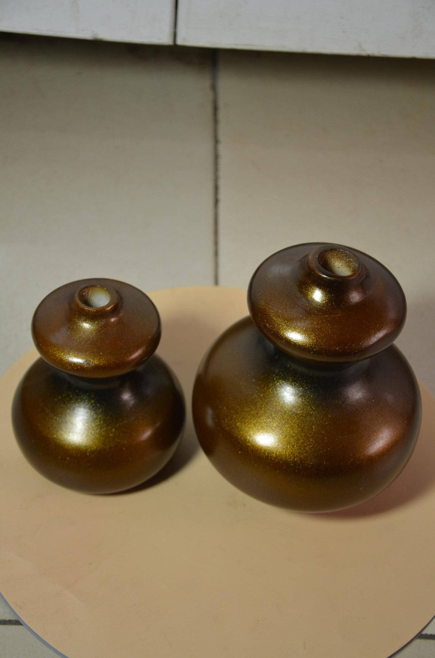 Set of 2 Bronze Wooden Gourd Vases | Metallic Gold Calabash Vessel Duo | Modern Nordic Home Decor Accent | Handcrafted Minimalist Wood Art