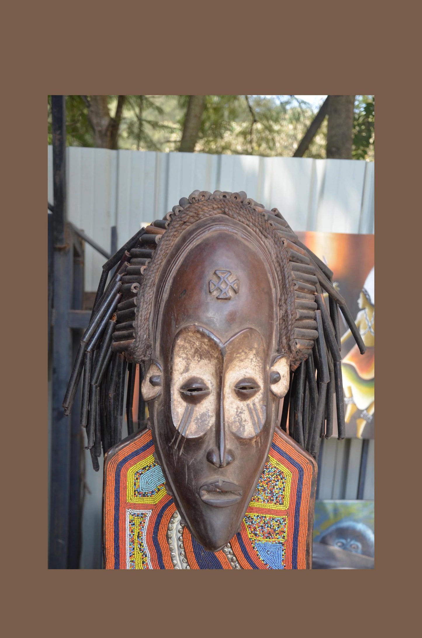 Authentic African Chokwe Mwana Pwo Mask - 21" Large Beaded Stand Display, Angola Tribal Face Mask, Elegant Wood Carving.