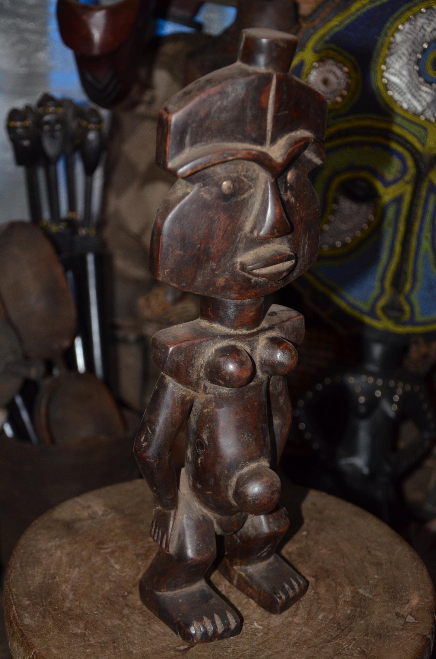 Fang Reliquary Guardian Figure - 17" Authentic Gabon Eyema Byeri Wood Statue, Cubist Geometry Ancestor Carving.