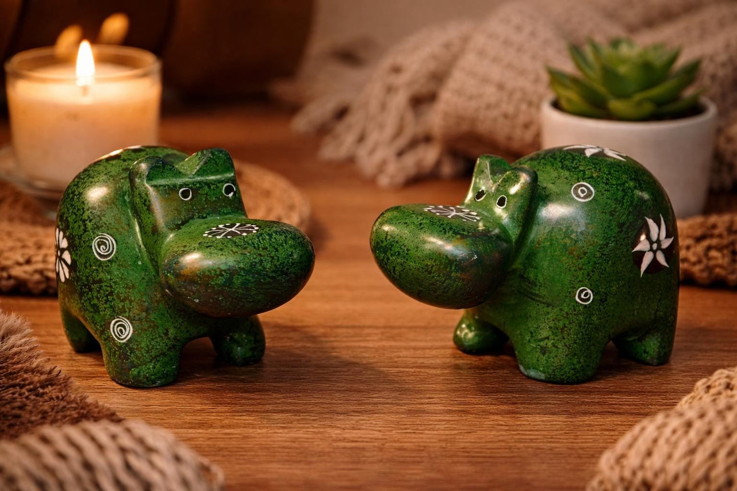 Set of 2 Soapstone Hippo Figurines Hand Carved Kenyan Animal Statue Green Eclectic Shelf Decor Cute Hippopotamus Gift African Art Set