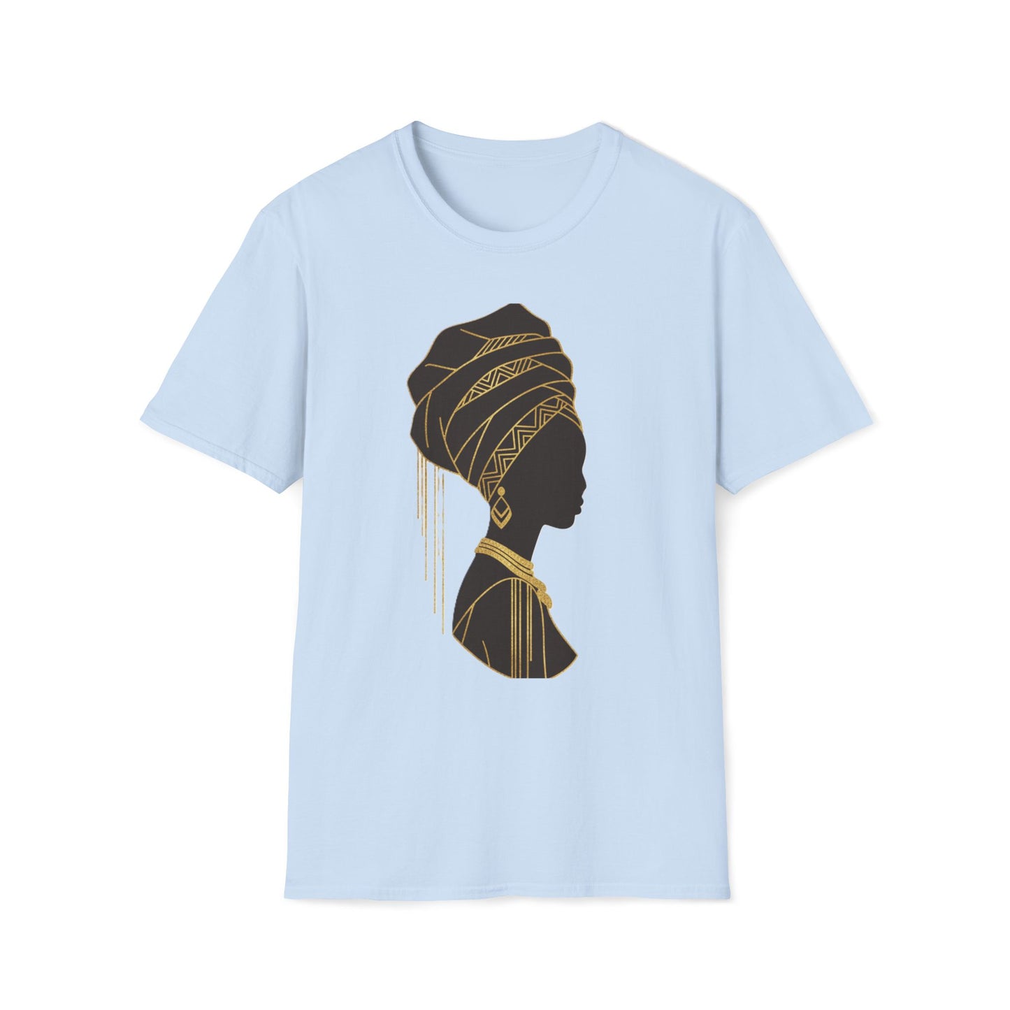 African Goddess Silhouette T-Shirt — Black Woman Profile with Gold Headwrap