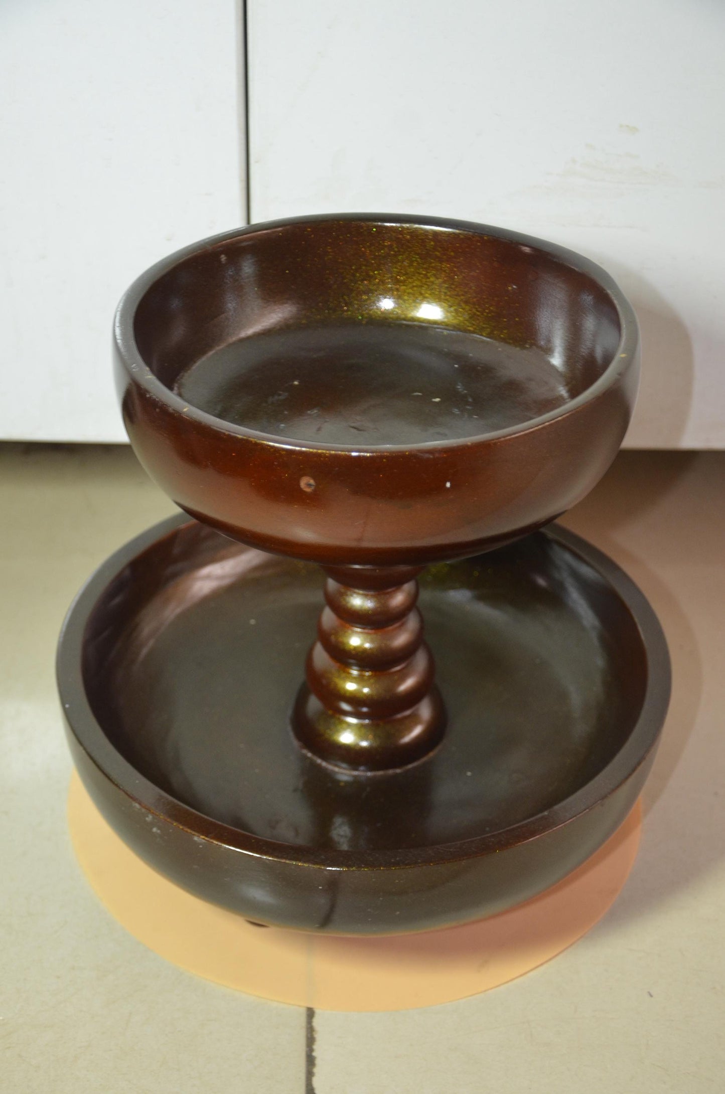 2 Tier Wooden Serving Tray | Metallic Bronze Pedestal Bowl Stand
