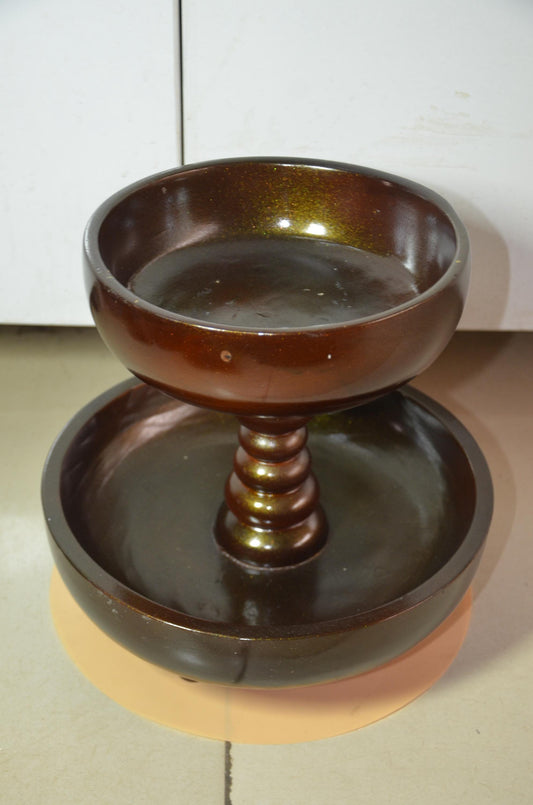 2 Tier Wooden Serving Tray | Metallic Bronze Pedestal Bowl Stand
