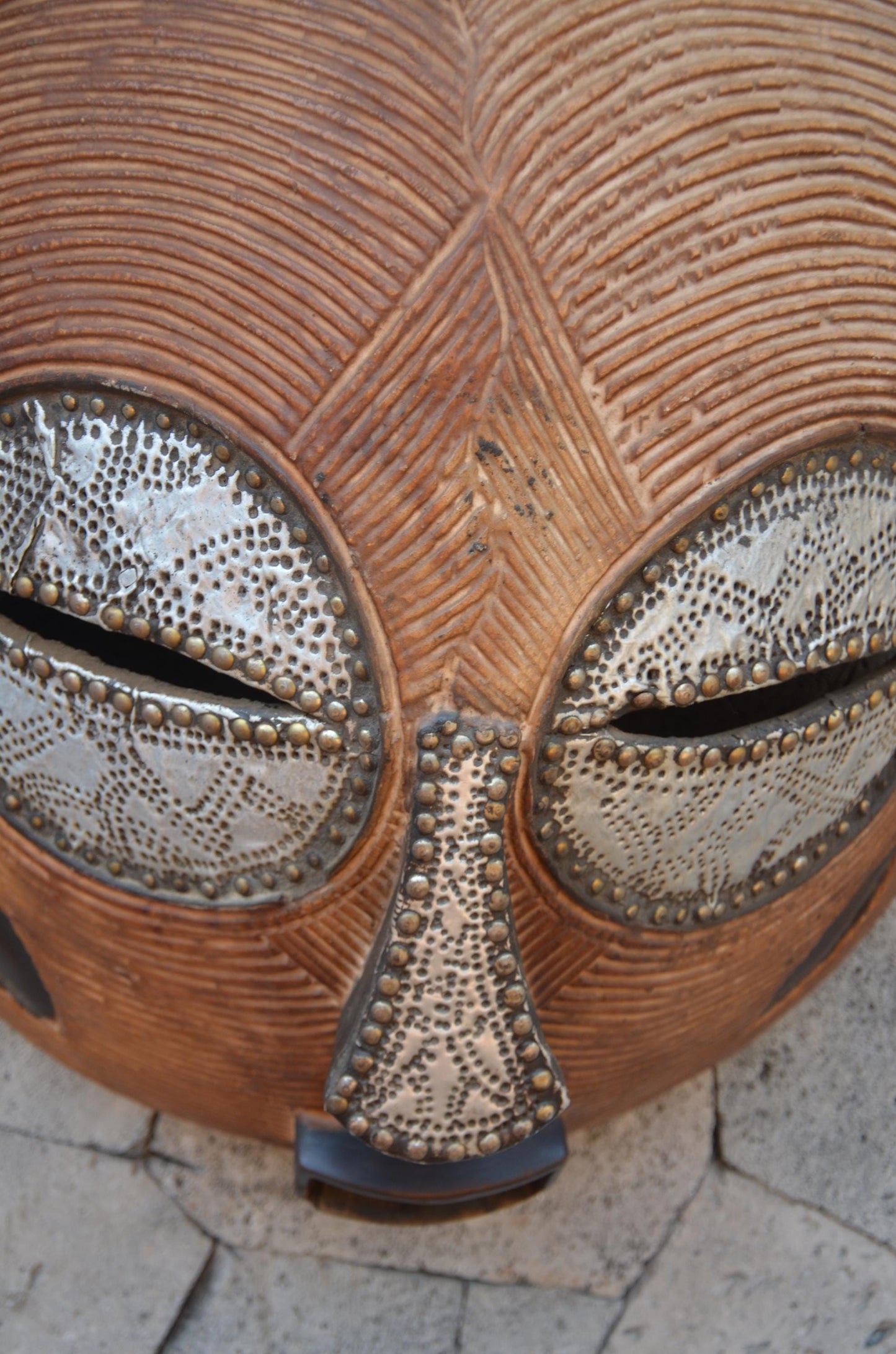 Luba Large African Mask – 33" Hand-Carved Wood & Brass Mask – Congo Wall Art.