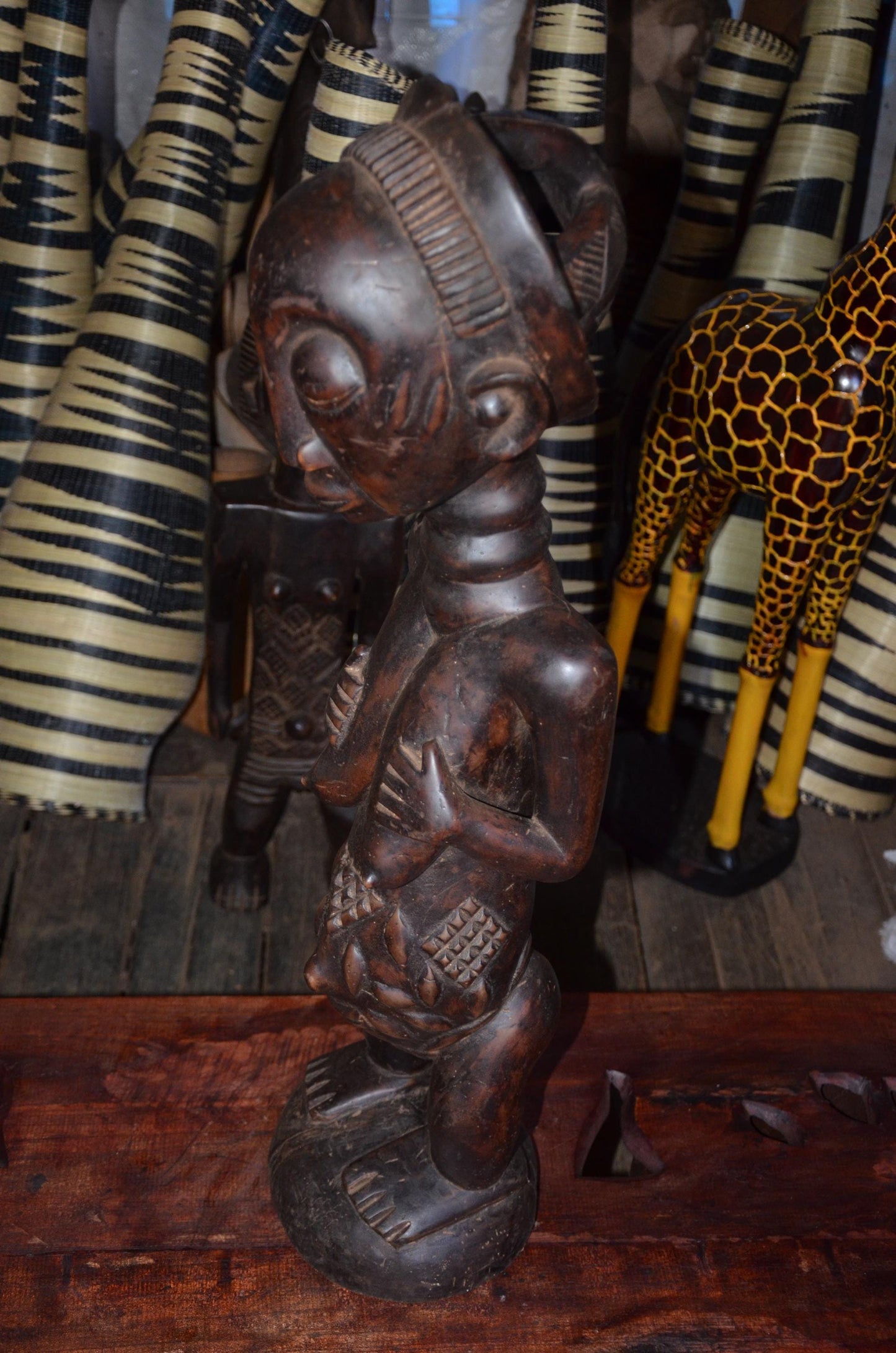 Luba Female Ancestor Fertility Figure - 29" Authentic Congo Wood Statue, Intricate Body Scarification, Prestige Tribal Art.