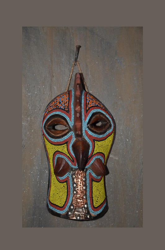 Beaded Rooster Mask – 12" Hand-Carved Wood Tribal Bird Mask – Wall Decor.