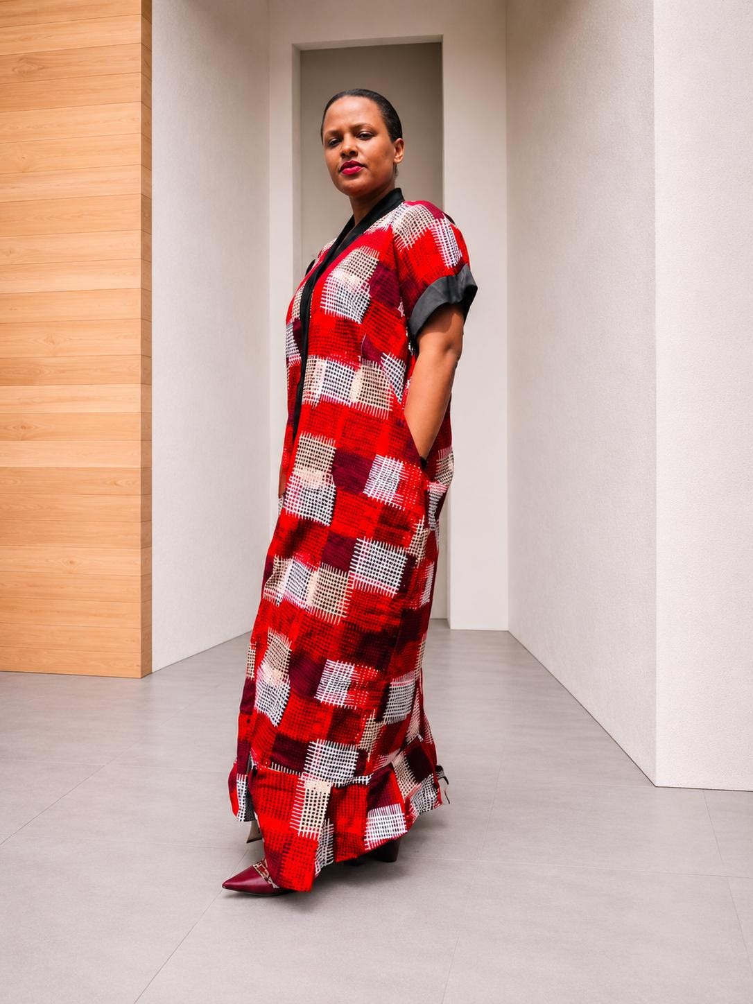 Open-Front Plaid Kampala Gown | Red Geometric Silk Kaftan, Satin-Placket Adire