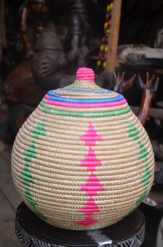 Rwandan Lidded Basket | Colorful Woven Storage | Artisan Hand-Woven Decor