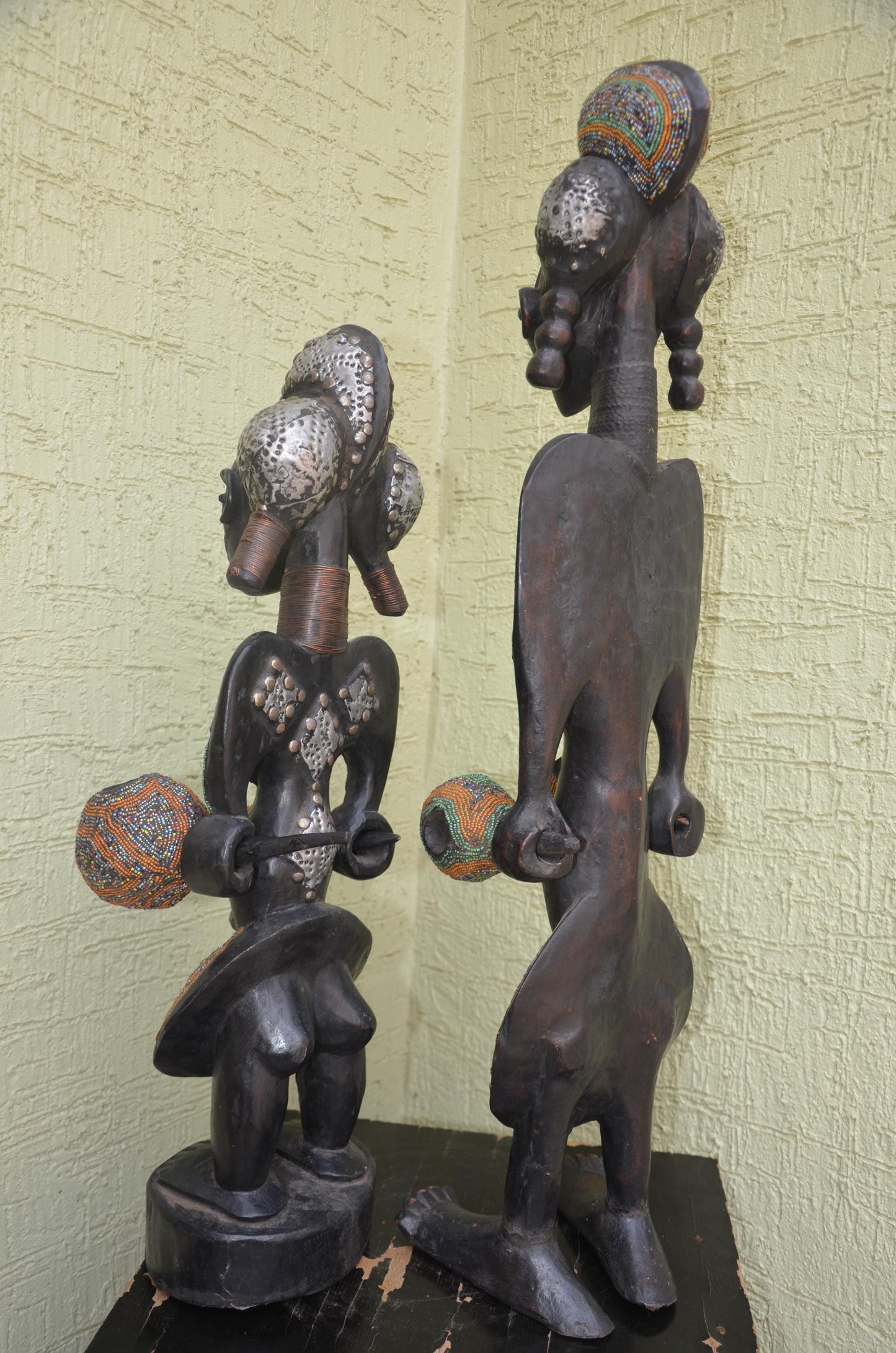 Bamileke Beaded Figures â€“ 35" Hand-Carved Wood Royal Couple â€“ Cameroon Art.