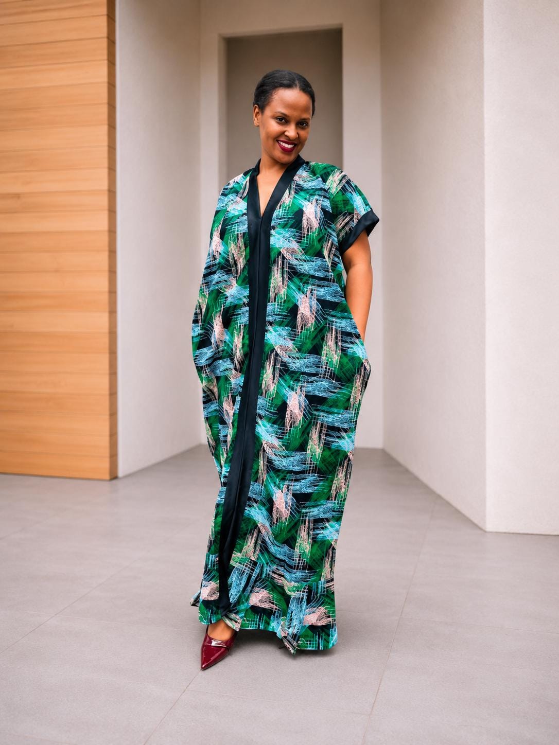Open-Front Kampala Maxi Gown | Brushstroke Silk Kaftan, Satin-Placket Adire