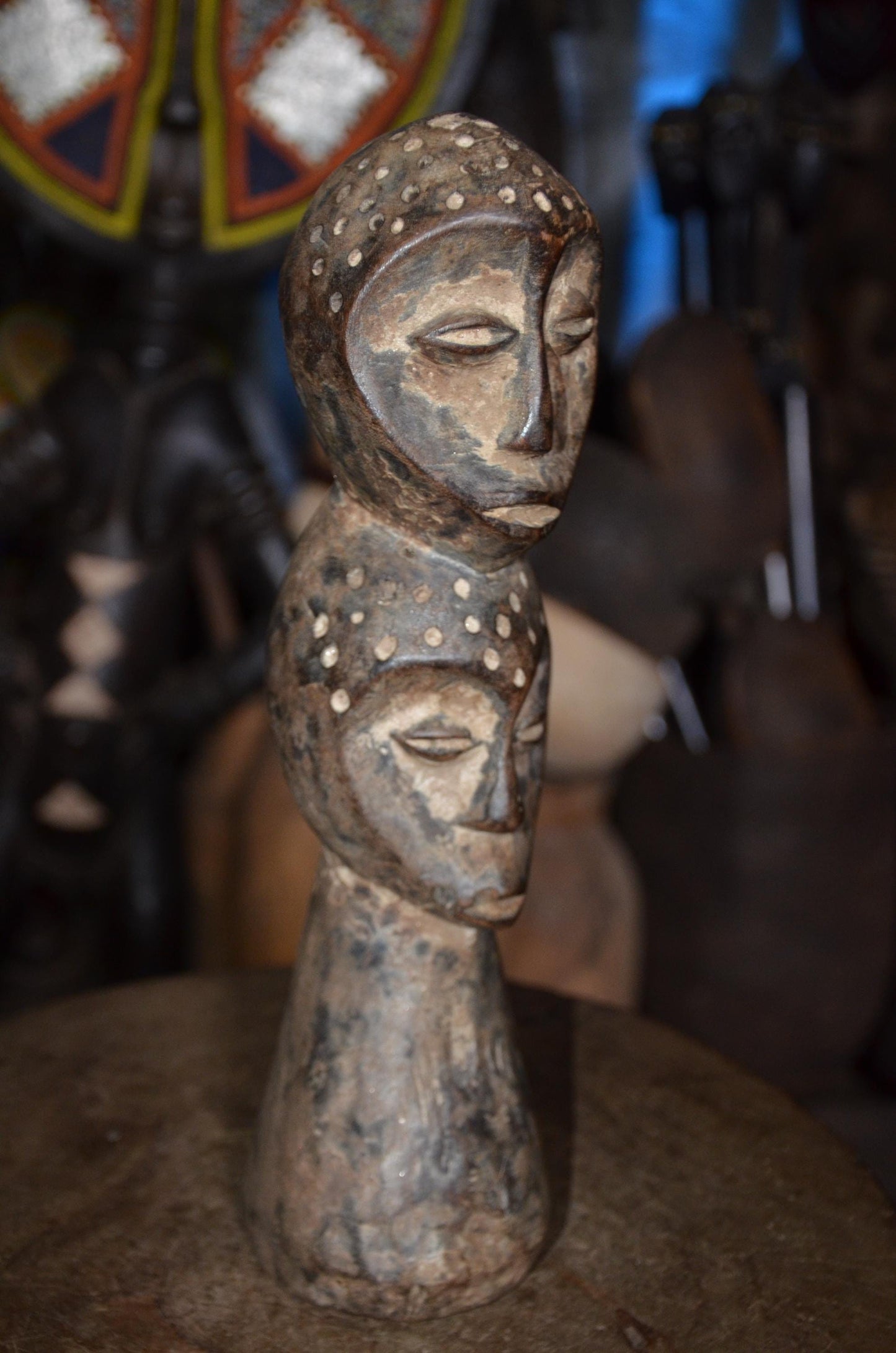 Authentic Lega Multi-Headed Figure - 13" Hand-Carved Wood Sakmatwematwe Sculpture, Traditional Kaolin Clay Patina.
