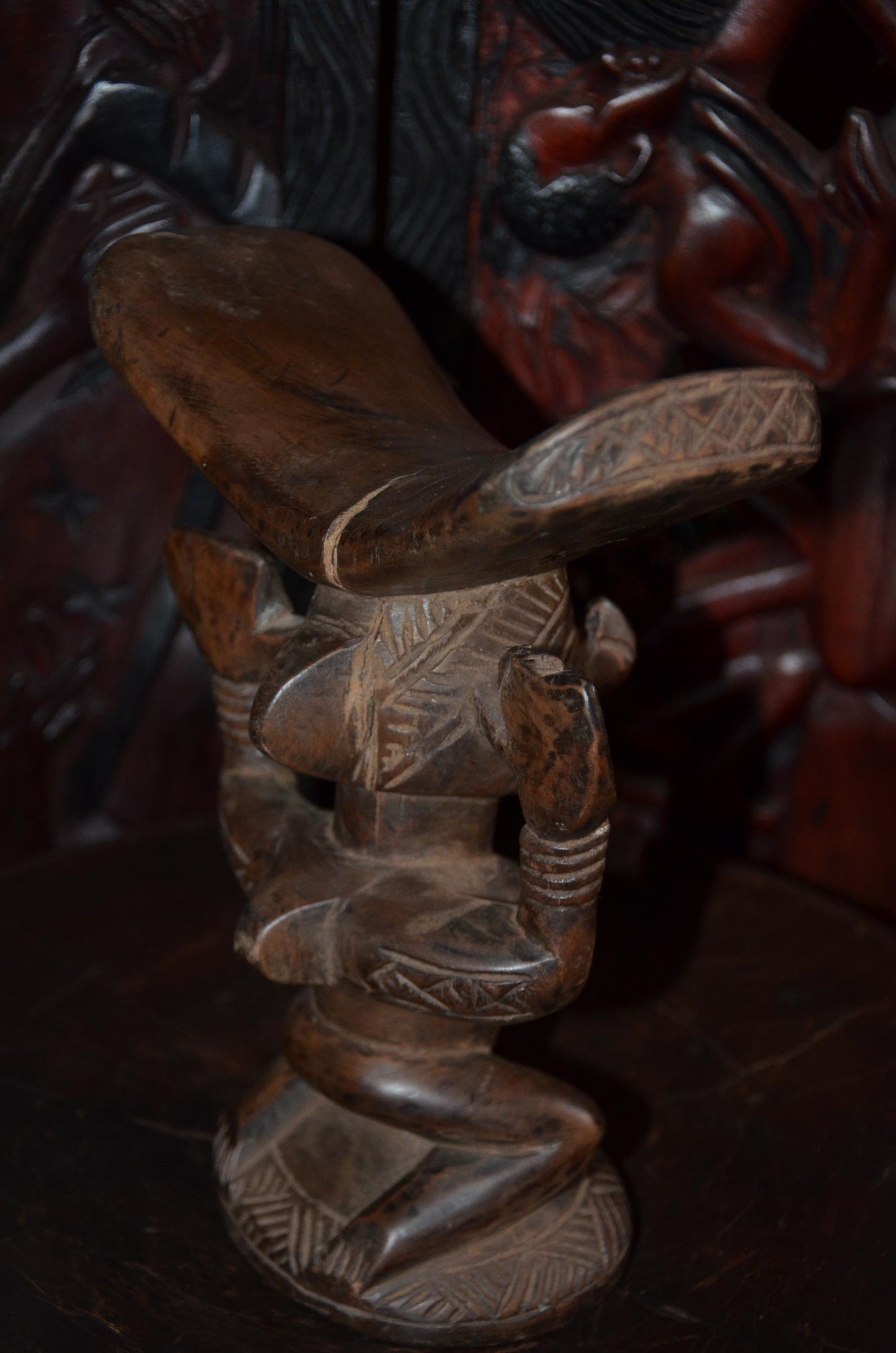 Luba Songye Caryatid Stool – 10" Hand-Carved Wood Headrest – Congo Tribal Art