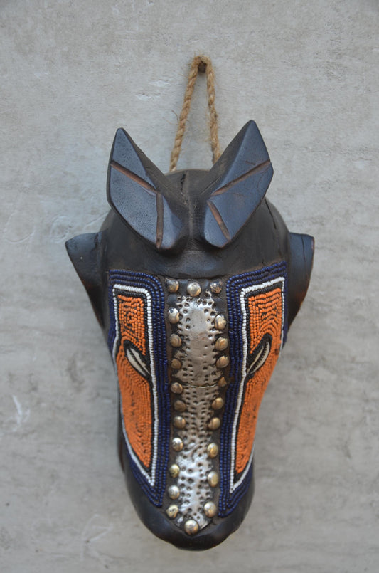 Bamum Beaded Animal Mask – 11" Cameroon Buffalo Wall Art – Tribal Home Decor